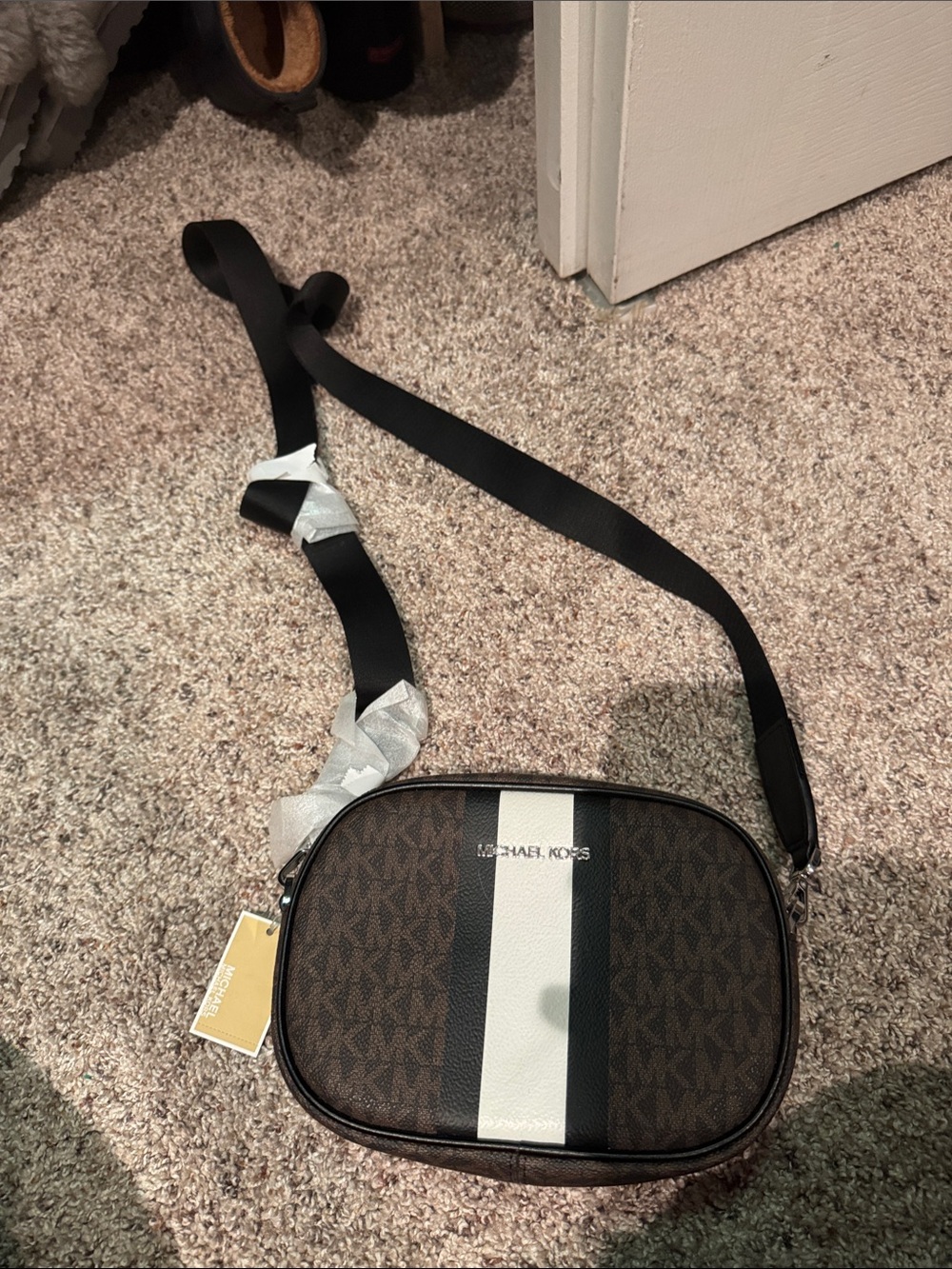 Michael Kors Brown Signature Crossbody with White Stripe